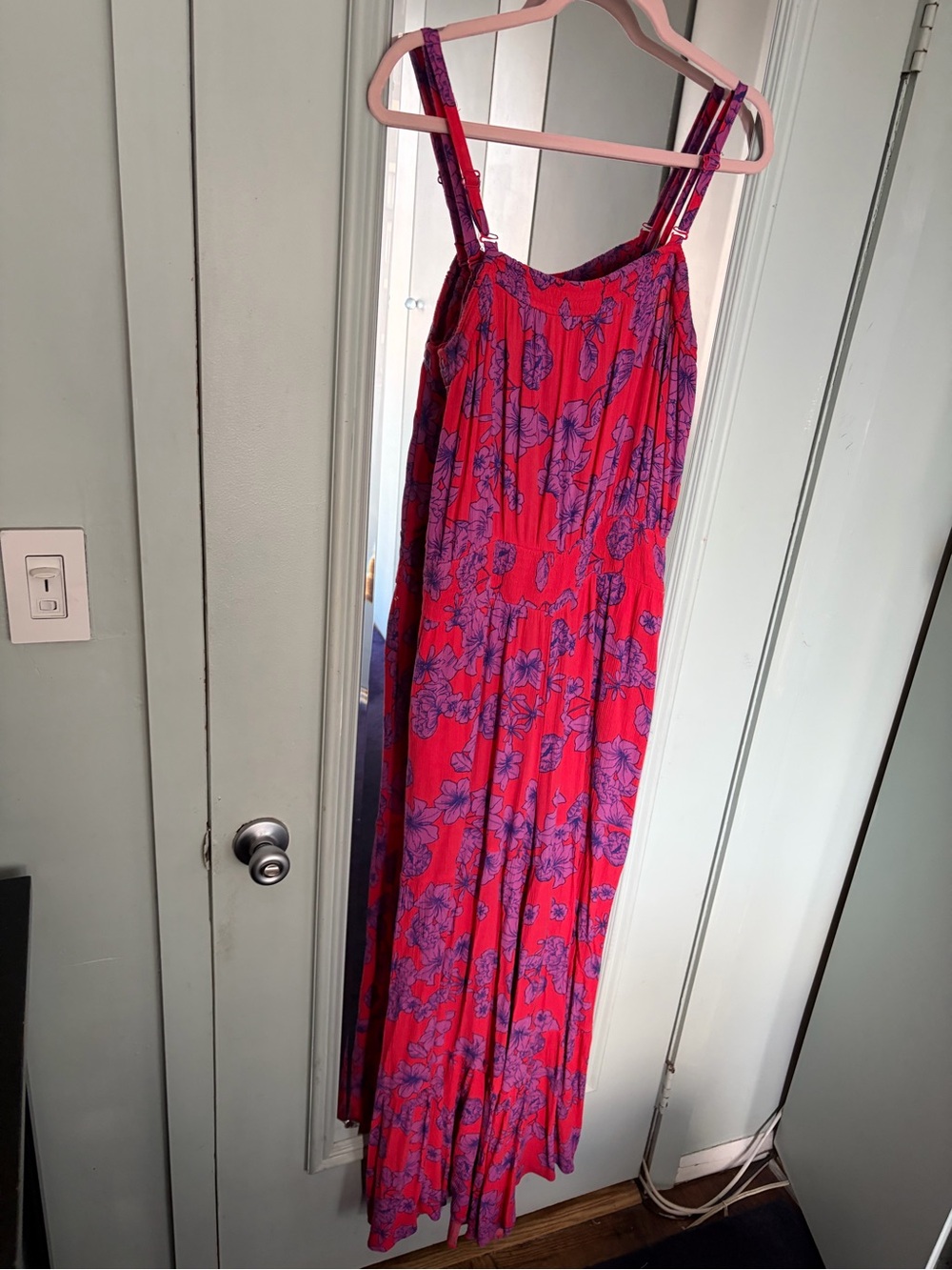 Pink Purple Floral Maxi Jumpsuit Onepiece- Women Wide Leg Elastic Waist Tropical